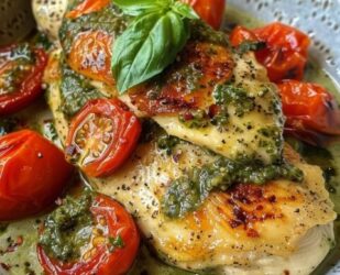 Pesto-s csirke sült paradicsommal